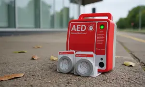 Czerwony AED gotowy do użycia, gdyby wystąpiło nagłe zatrzymanie krążenia lub trzepotanie komór. Obok elektrody.