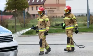Dwóch strażaków w pełnym rynsztunku, jeden z wężem wodnym, ćwiczy akcję. Ciekawe, ile zarabia oficer straży pożarnej za taką pracę.