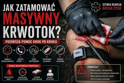 Instrukcja tamowania krwotoku tętniczego: zadbaj o bezpieczeństwo, wezwij pomoc, ucisk bezpośredni, opatrunek uciskowy, opaska uciskowa. Szybka reakcja ratuje życie.