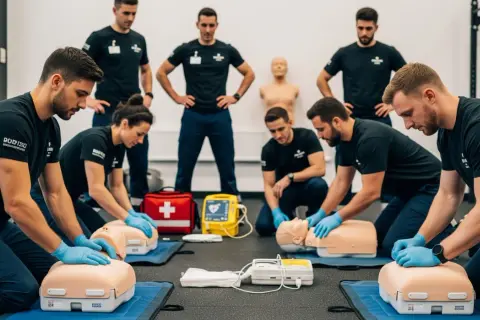 Uczestnicy kursu kwalifikowanej pierwszej pomocy ćwiczą resuscytację na fantomach. Egzamin z praktycznych umiejętności ratowniczych.