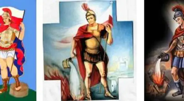 Święty Florian, patron strażaków, gasi płomienie wodą z wiadra. Na jednym obrazie trzyma polską flagę.