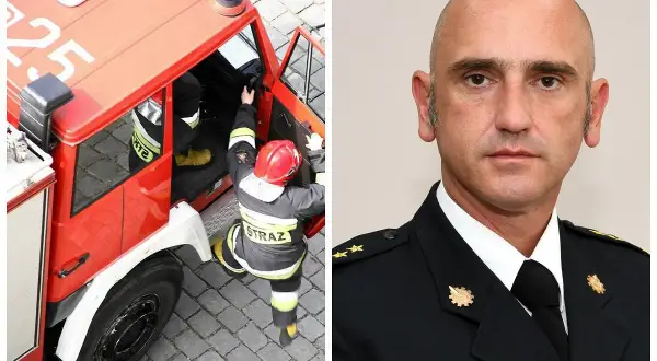 Brygadier K. Gielsa w mundurze, obok niego strażak wsiada do wozu strażackiego.