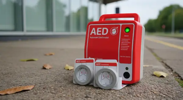 Czerwony AED gotowy do użycia, gdyby wystąpiło nagłe zatrzymanie krążenia lub trzepotanie komór. Obok elektrody.