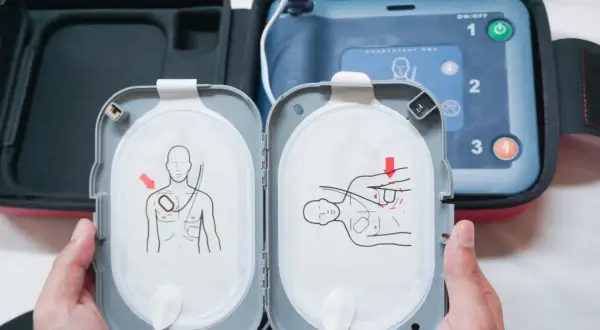 Instrukcja użycia AED. Kiedy defibrylacja jest konieczna, elektrody umieszcza się na klatce piersiowej pacjenta zgodnie z rysunkami.