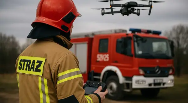 Strażak w hełmie i kurtce z napisem "STRAŻ" steruje dronem. W tle czerwony wóz strażacki. Nowoczesne jednostki KSRG wykorzystują technologię.