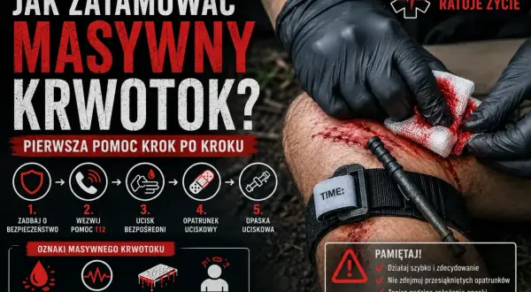 Instrukcja tamowania krwotoku tętniczego: zadbaj o bezpieczeństwo, wezwij pomoc, ucisk bezpośredni, opatrunek uciskowy, opaska uciskowa. Szybka reakcja ratuje życie.
