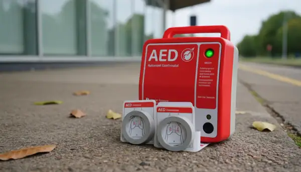 Czerwony AED gotowy do użycia, gdyby wystąpiło nagłe zatrzymanie krążenia lub trzepotanie komór. Obok elektrody.